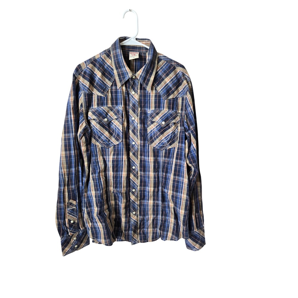 True Religion Mens Western Snap Plaid Shirt Navy Tan ML4BL68MNT XXL